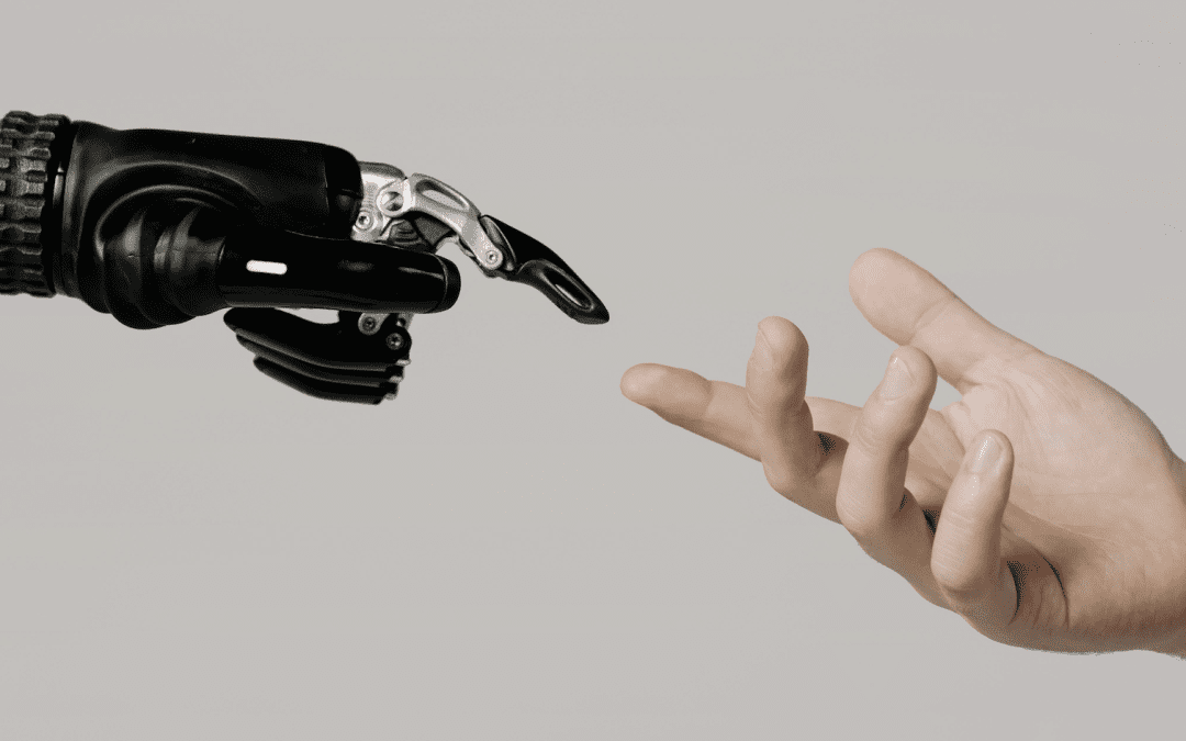 one robotic hand and one human hand reaching for eachother, ai dating apps vs the matchmaker uk