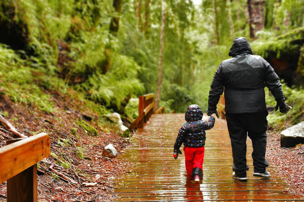 single parent and child walking together in the rain holding hands, depicts single parent dating for article
