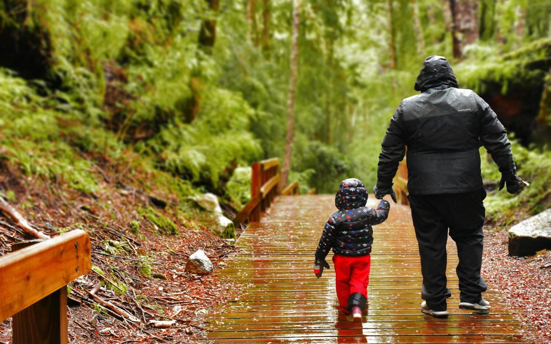 single parent and child walking together in the rain holding hands, depicts single parent dating for article